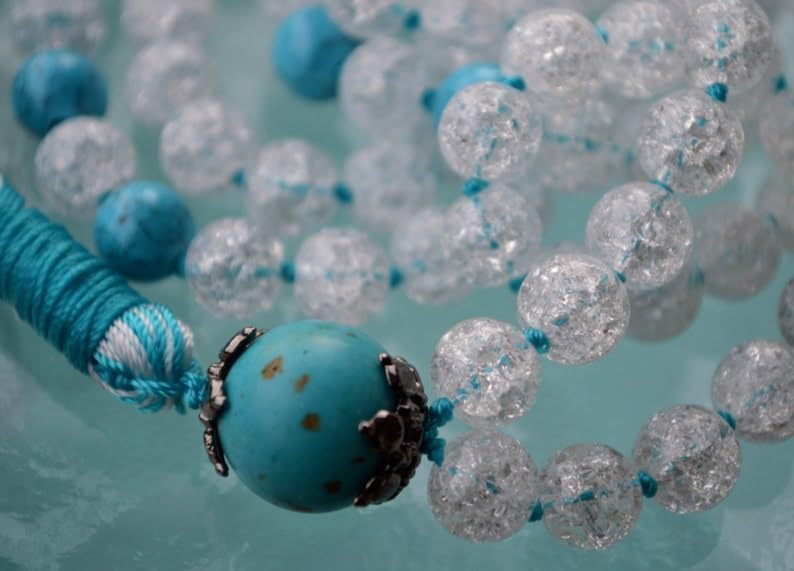 Natural Crystal Quartz, Turquoise 8mm 108 Mala Beads, Spiritual, Meditation Beads, Reiki, Japa Mala, Buddhist Prayer Beads, Yoga Bracelet, healing beads LKMALA-RRGU-1827