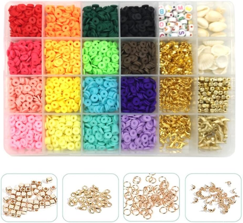 Polymer Clay Bead Set 24 Grids of Soft Beads Colorful Discs Bohemian Bracelet DIY Box