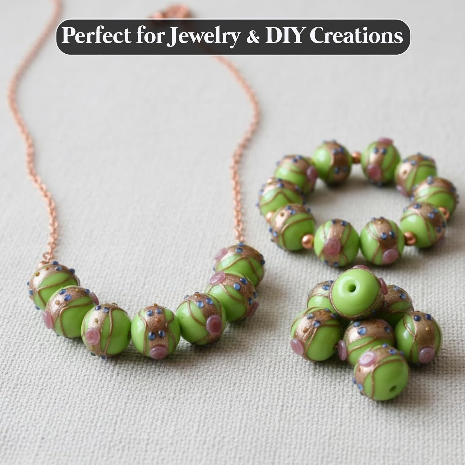 Handcrafted Green Designer Glass Beads | 16mm Murano Style Lampwork Beads with Golden Swirls | Available in 10 Strands | Perfect for Jewelry Making, DIY & Craft