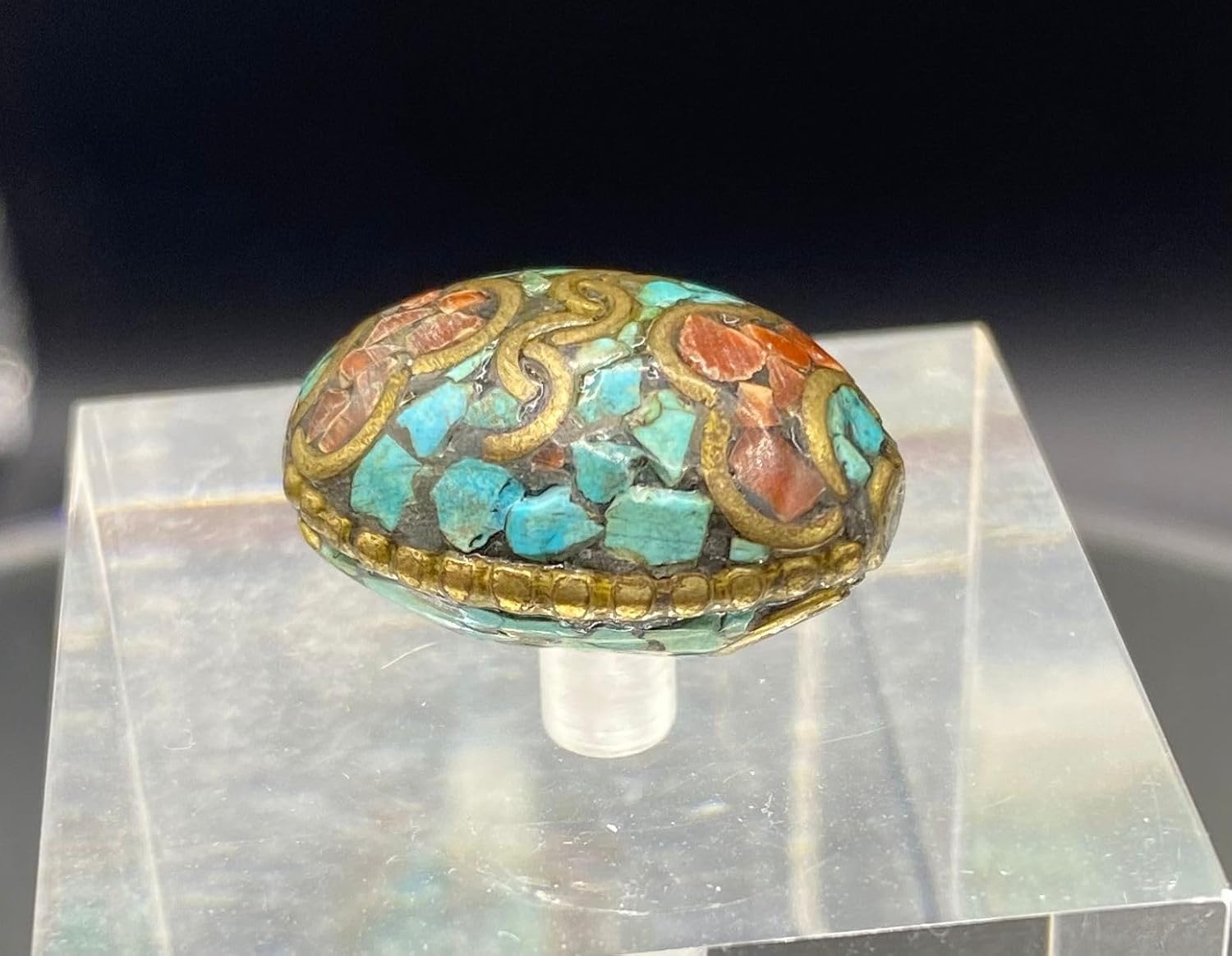 23X13mm Handcrafted 7g Natural Nepalese Tibetan Brass Bead with Turquoise & Coral Inlay – Vintage Ethnic Dzi Style Oval Bead for,Loose Beads,Jewelry Making