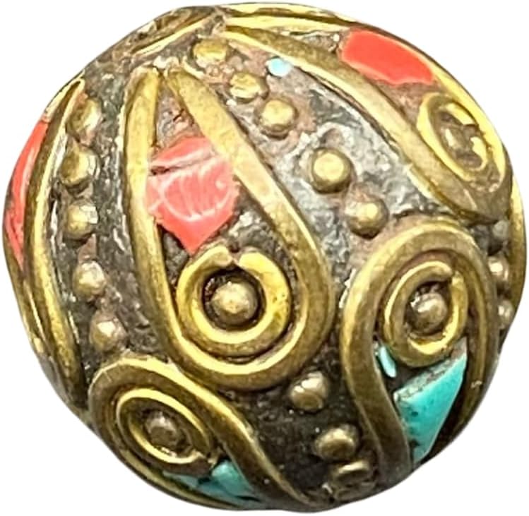 ALI OPLALS Old Antique Nepali Tibetan Handmade Brass Bead 16mm 6g | Turquoise & Coral Inlay Round Bead | Ethnic Boho Jewelry Supply |Prayer Buddha Amulets, For Pendant Bracelet Necklace Making (50)