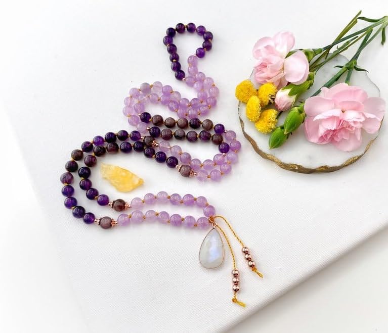 Natural Amethyst and Charoite 6mm 108 Mala Beads, Spiritual, Meditation Beads, Reiki, Japa Mala, Buddhist Prayer Beads, Yoga Bracelet, healing beads LKMALA-RRGU-2136