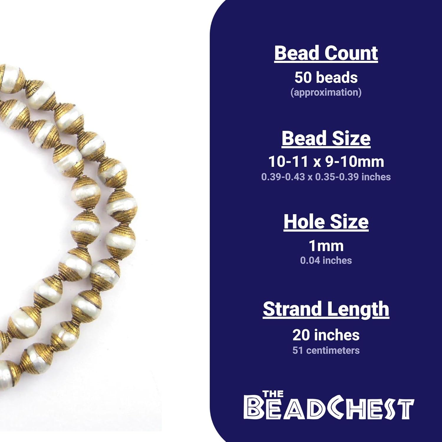 The Bead Chest Capped Pearl with Brass Gemstone Beads, Full Strand of Round Nepalese Stone Beads, Great for DIY Jewelry Necklace & Bracelet Making