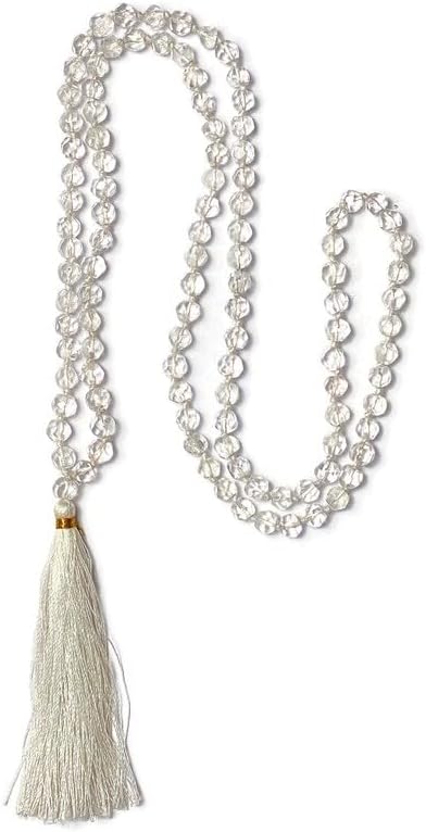 Natural Clear Quartz 8mm 108 Mala Beads, Spiritual, Meditation Beads, Reiki, Japa Mala, Buddhist Prayer Beads, Yoga Bracelet, healing beads LKMALA-RRGU-3157, 34 inch, white