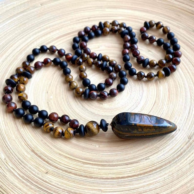 Natural Tiger's Eye & Bulls-eye,Hawkeye 8mm-14mm 108 Mala Beads, Spiritual, Meditation Beads, Reiki, Japa Mala, Buddhist Prayer Beads, Yoga Bracelet, healing beads LKMALA-RRGU-1099