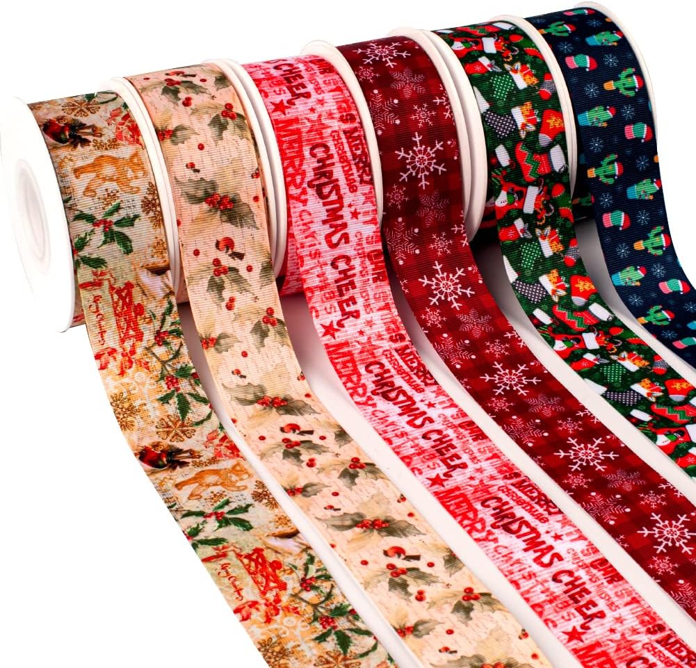 50 Yards Merry Christmas Gifts Design Printed Grosgrain,Satin Ribbon Hair Accessories - (Color: 2107037; Size: 75 Mm Grosgrain)