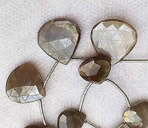 8 inch Strand of Natural Coated Gray Moonstone 11-21 mm Heart Faceted briolette Beads for DIY Jewelry Making. |BRIO_02684