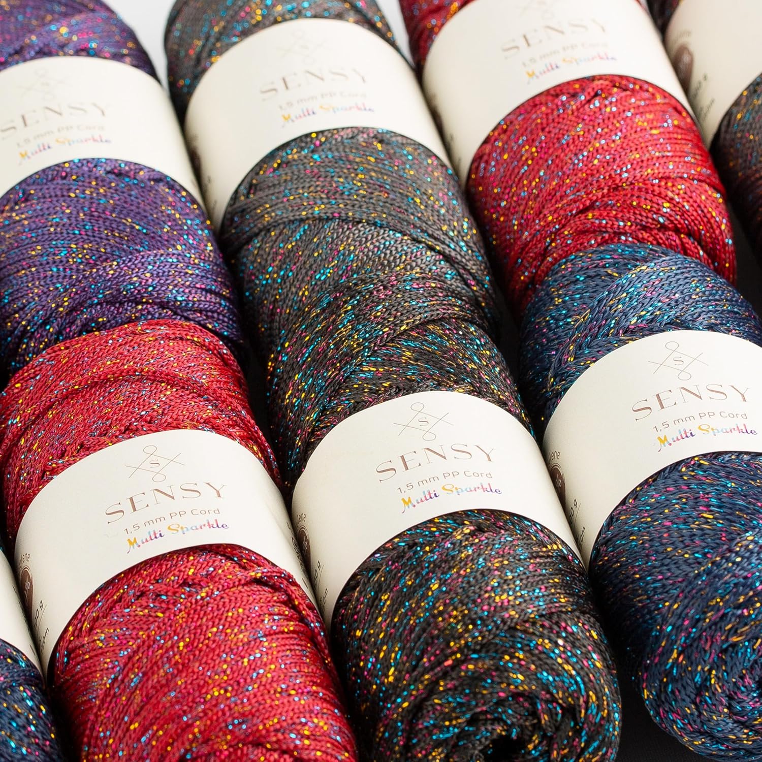 10 Skeins of Sensy 1.5mm 164 Yards Sparkle Polyester Rope 90% Polypropylene 10% Polyester Cord Macrame Cord Crochet Bag Cord Macrame Rope Crochet Thread Gift for Knitter (Anthracite Multi Sparkle)