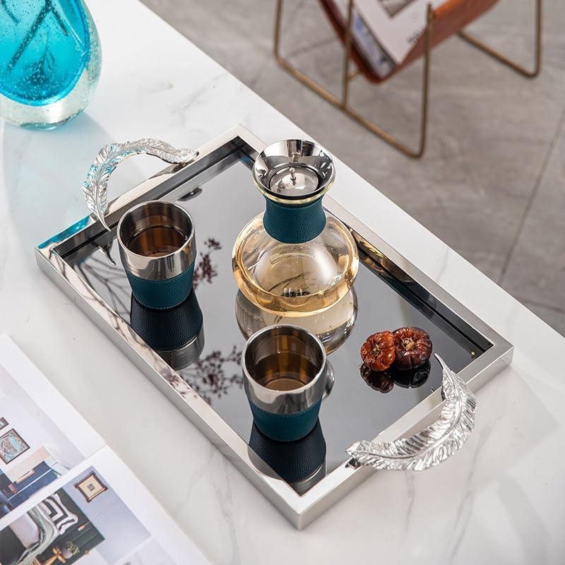 Cafeteria Tray Stainless Steel Mirror Tray Living Room Decoration Rectangular Light Luxury Tea Cup Red Wine Glass Storage Tray Serving Trays