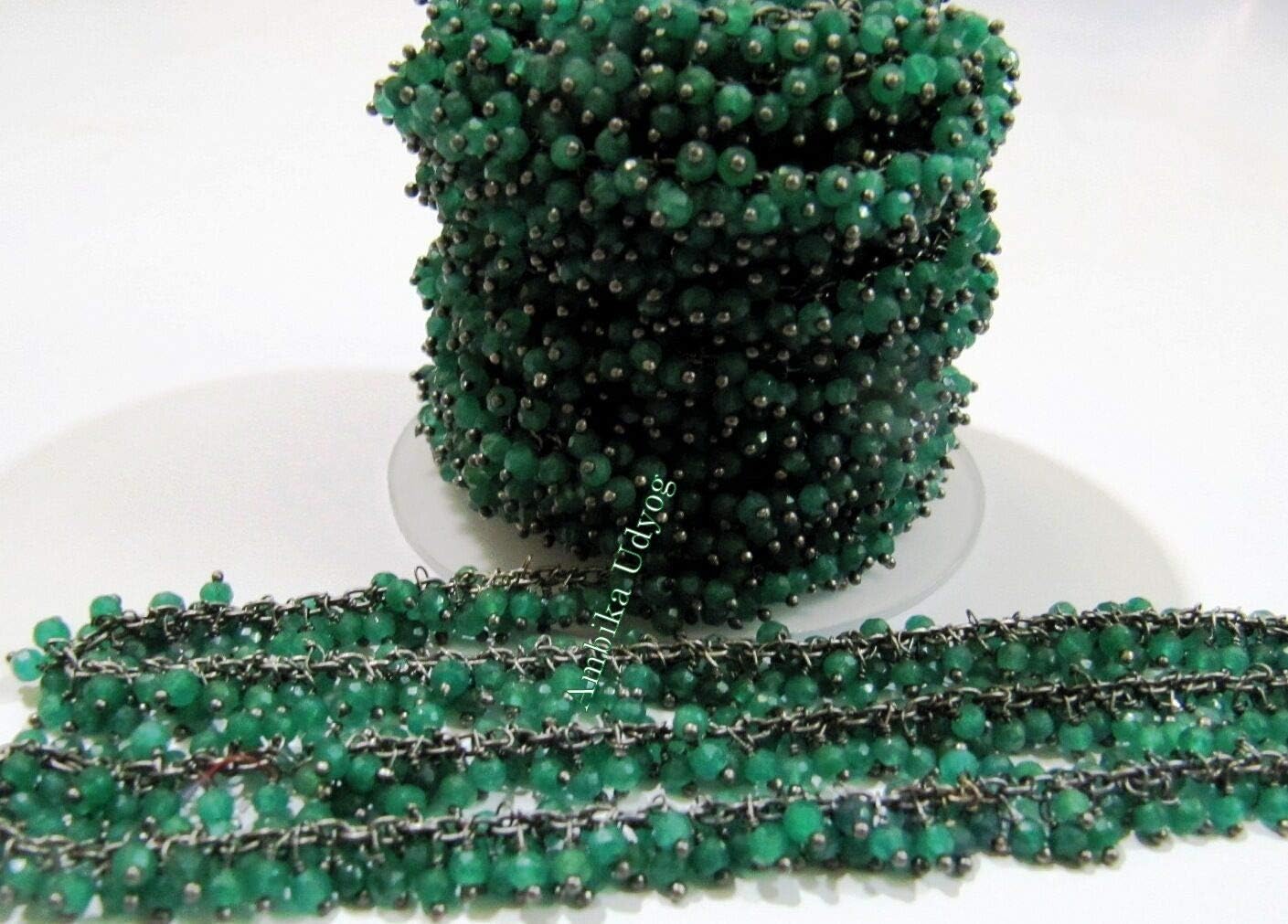 3 Feet Emerald Dangling Rosary Chain Black Plated- Cluster Beaded Gemstone Chain