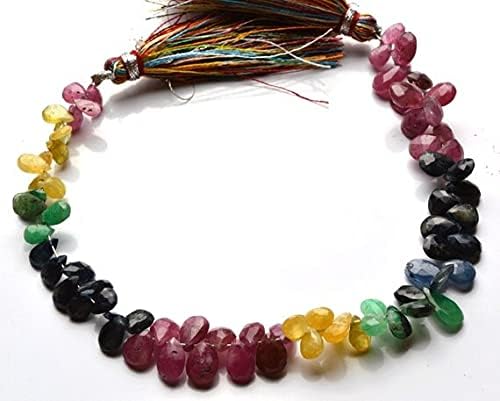 Beads Gemstone 1 Strand Natural 7 Inch Long Super Natural Multi Precious Faceted Emerald, Ruby, Blue Sapphire,Yellow & Pink Sapphire Pear Shape Briolettes 5 to 8 MM Code-HIGH-21744