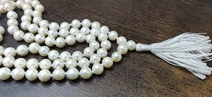 Hanumat Gems Lot of 10 Strands Natural White Pearls Round Beads Japamala Necklace of 108+1 Beads Size 8mm Prayer Mala Knotted Meditation Hindu Japa Mala