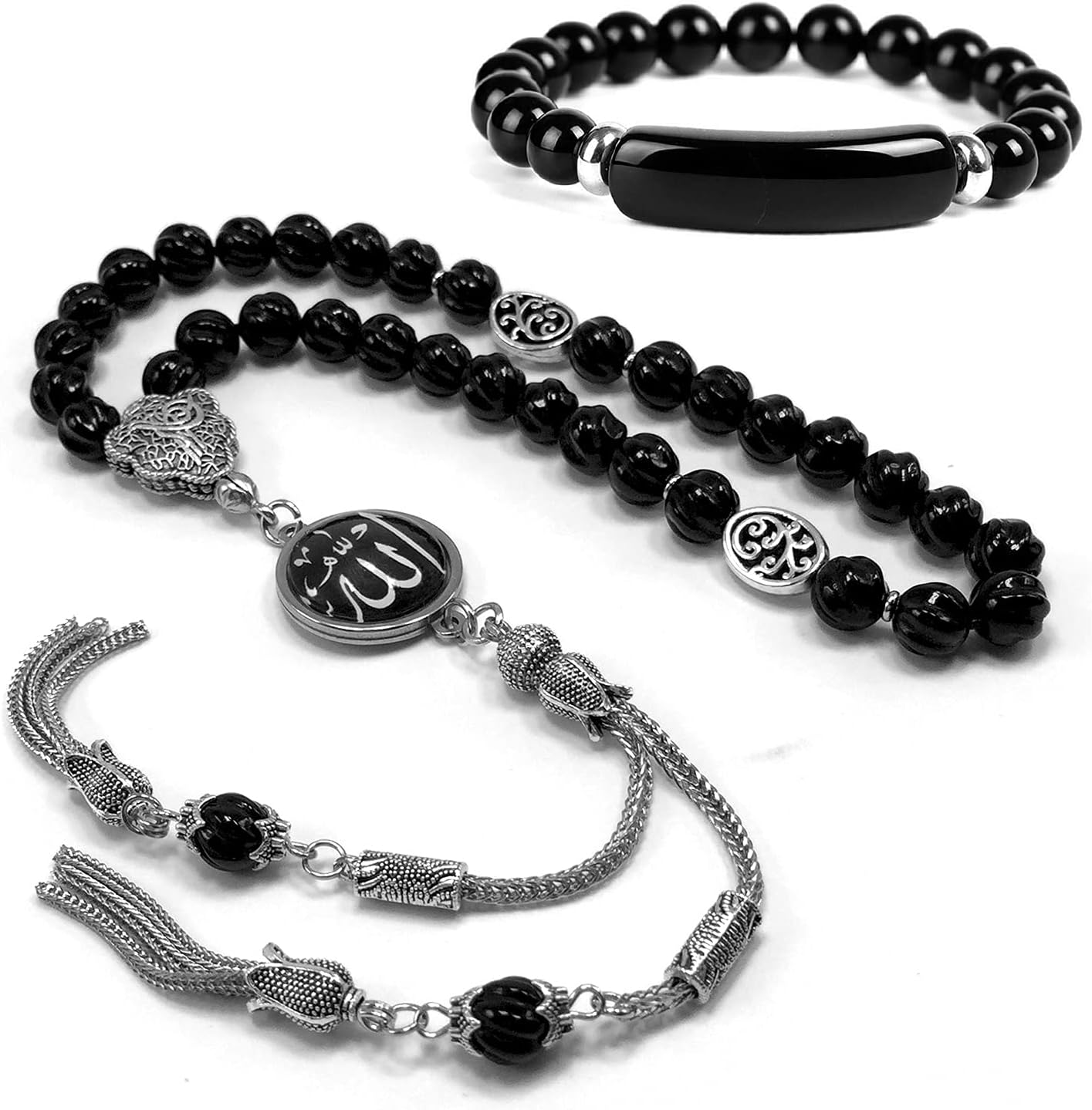 -Regal Collection- Prayer Beads-Tesbih-Tasbih-Tasbeeh-Misbaha-Masbaha-Subha-Sebha-Sibha-Rosary (-Genuine Carved Black Agate Stone -8mm 33 Beads- & Black Agate Bracelet-)
