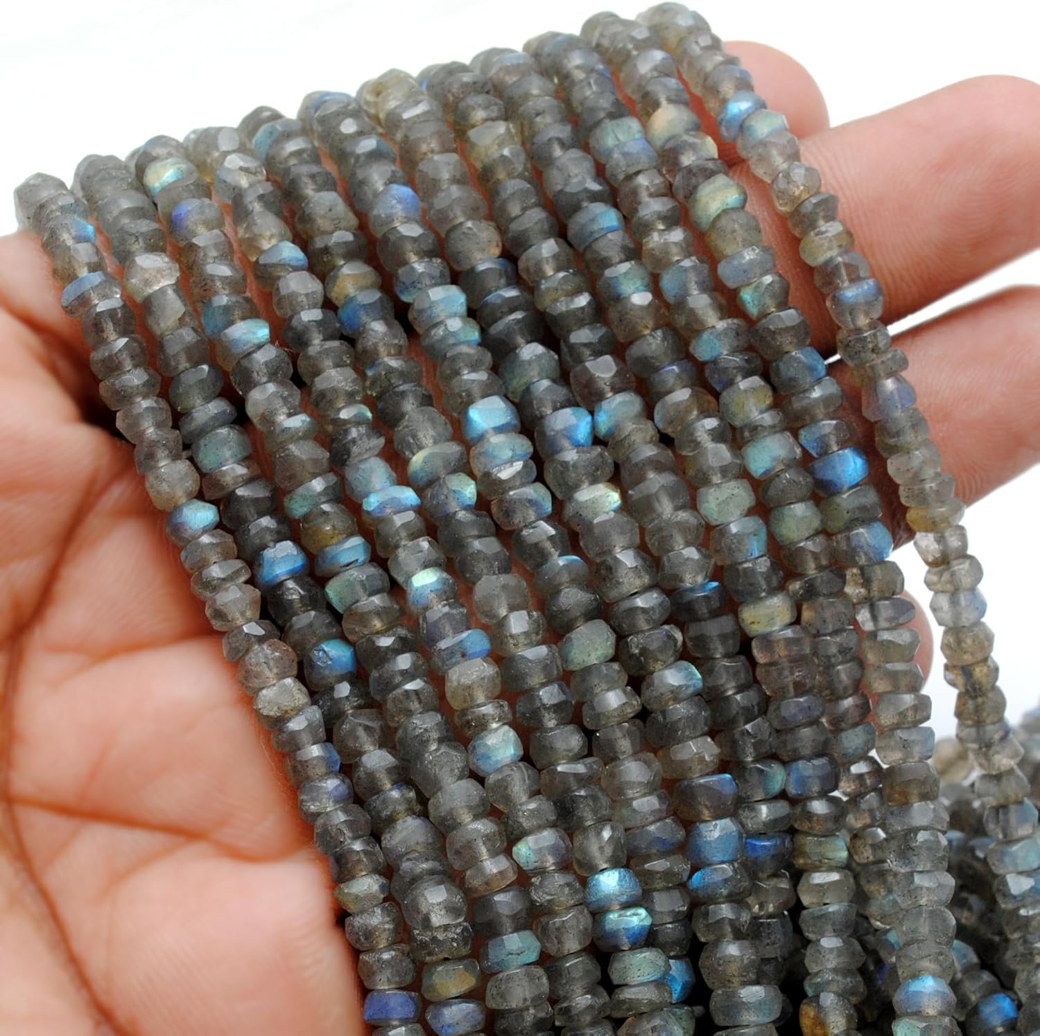 Kanika Creations Natural Labradorite Beads 7–7.5mm Tyre Shape – 90 Pcs Faceted Blue Flash Grey Gemstones, 16