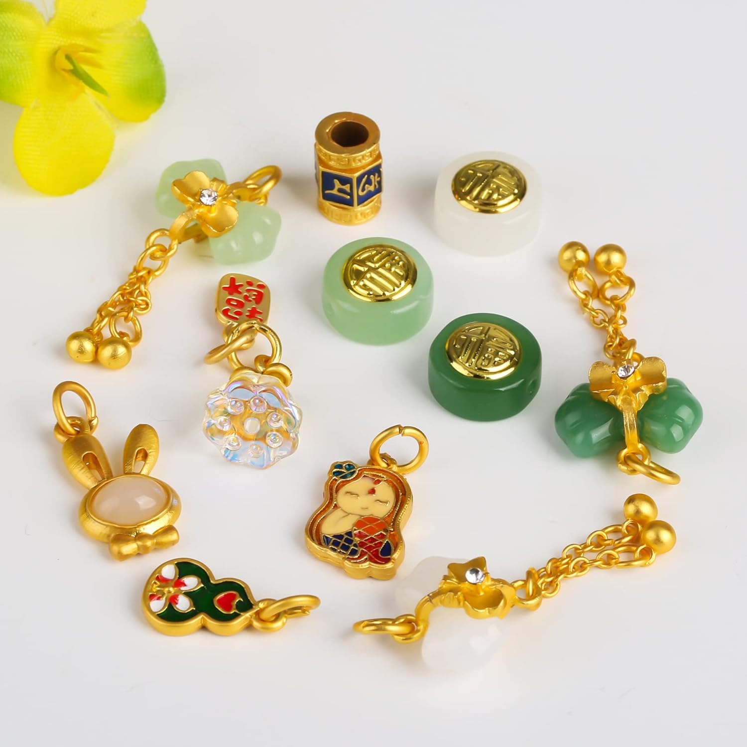 Gold Inlay Jade Fortune Loose Beads Bow Pendant DIY Accessories Bracelet Necklace Spacer Sand Gold