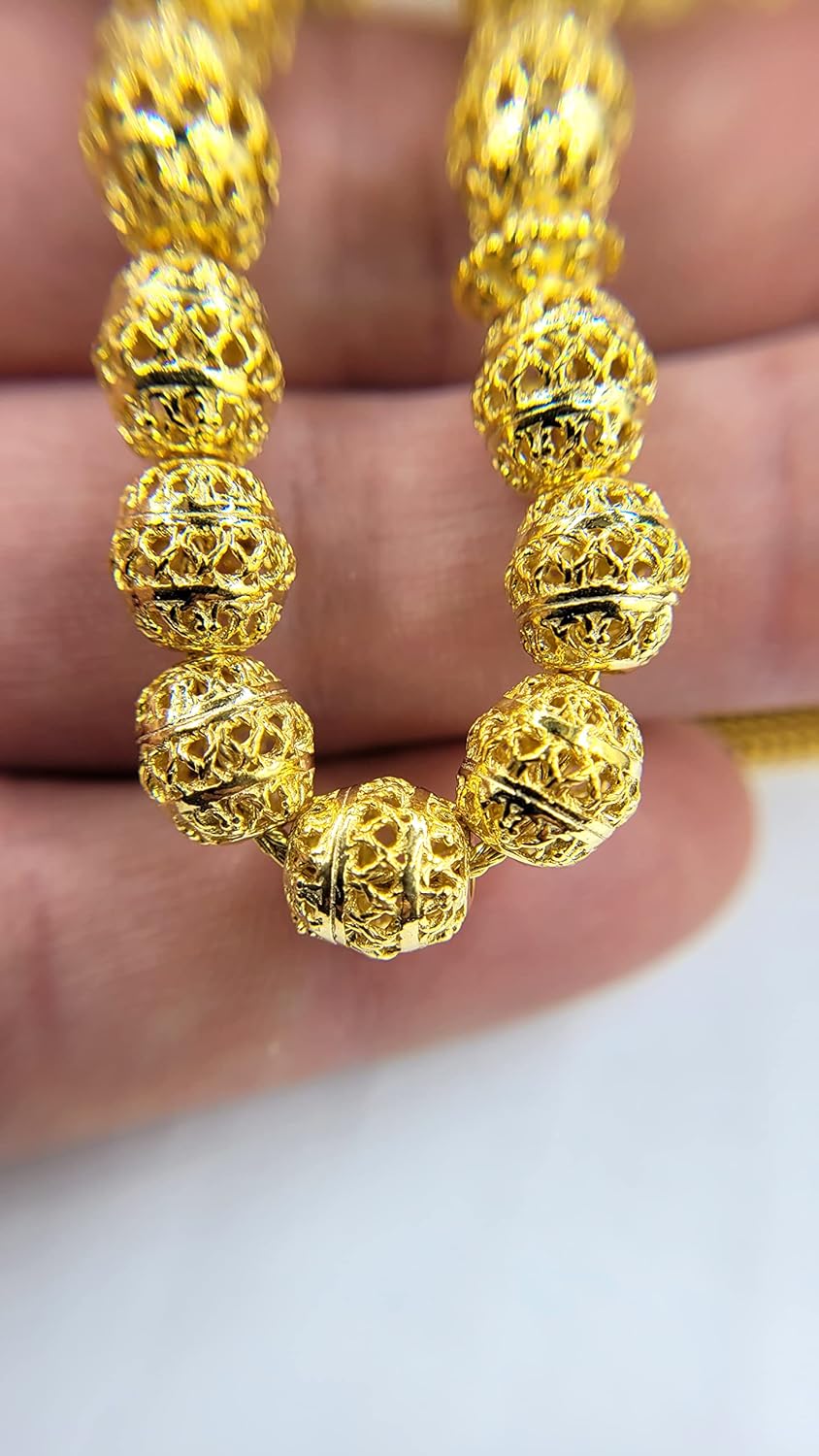 Filigranist Gold Plated 925 Sterling Silver Filigree Art Oval Beads Tasbeeh 33 Piece Silver Beads Misbaha Tasbih Prayer Bead Worry Beads Rosary Stress Chain