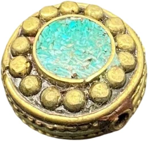 Nepali Tibetan Handmade Turquoise Brass Bead 20x12mm 10g | Round Inlay Ethnic Bead for Jewelry Making | Boho Tribal Loose Bead | Healing Craft Supply (50)