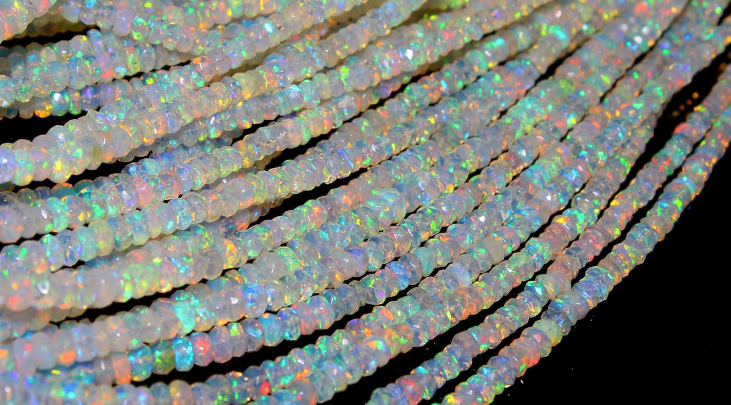 Natural Ethiopian Opal Rondelle Beads, Rainbow Fire Faceted, 4-5mm, 16 Inch Strand, Iridescent Gemstone