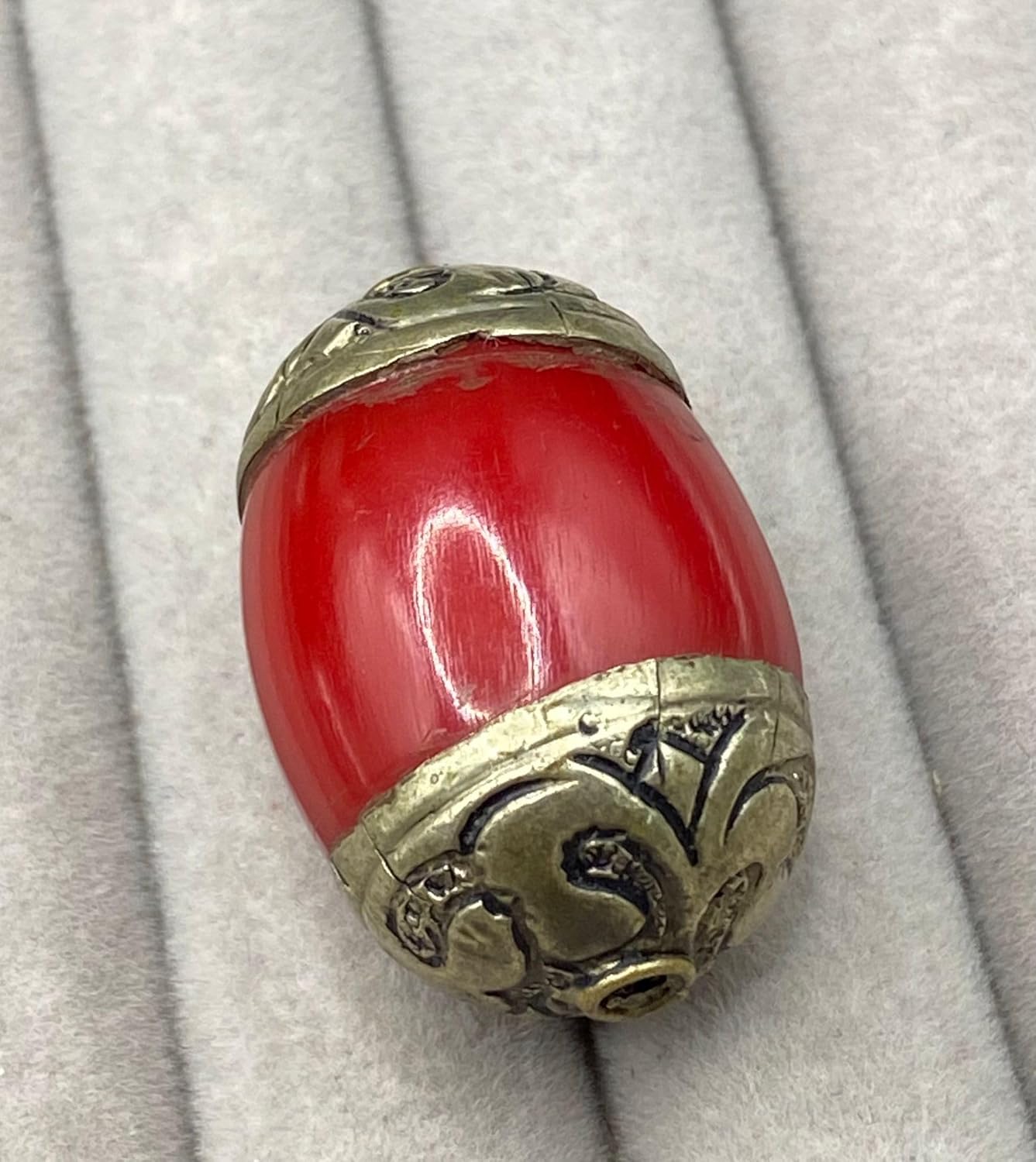 Old Antique 32x22mm Nepalese Tibetan Bead with Coral and Turquoise Inlay – 9g Handmade Brass Vintage Bead for Jewelry Making, Boho Crafts, Healing & Meditation Accessories