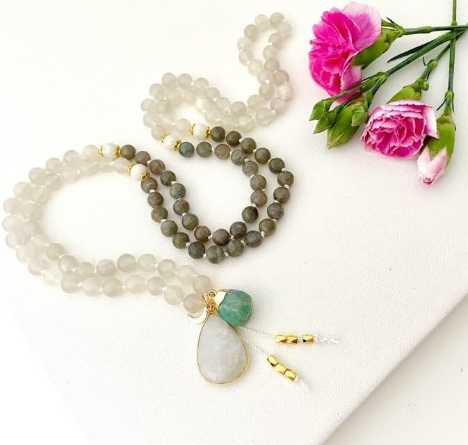 Moonstone and Labradorite Stone Mala Beads, 108 Mala Necklace, Knotted Mala, WWG Necklace, Yoga Jewelry Meditation Beads Spiritual Jewelry Boho Jewelry, 34inch, Gemstone