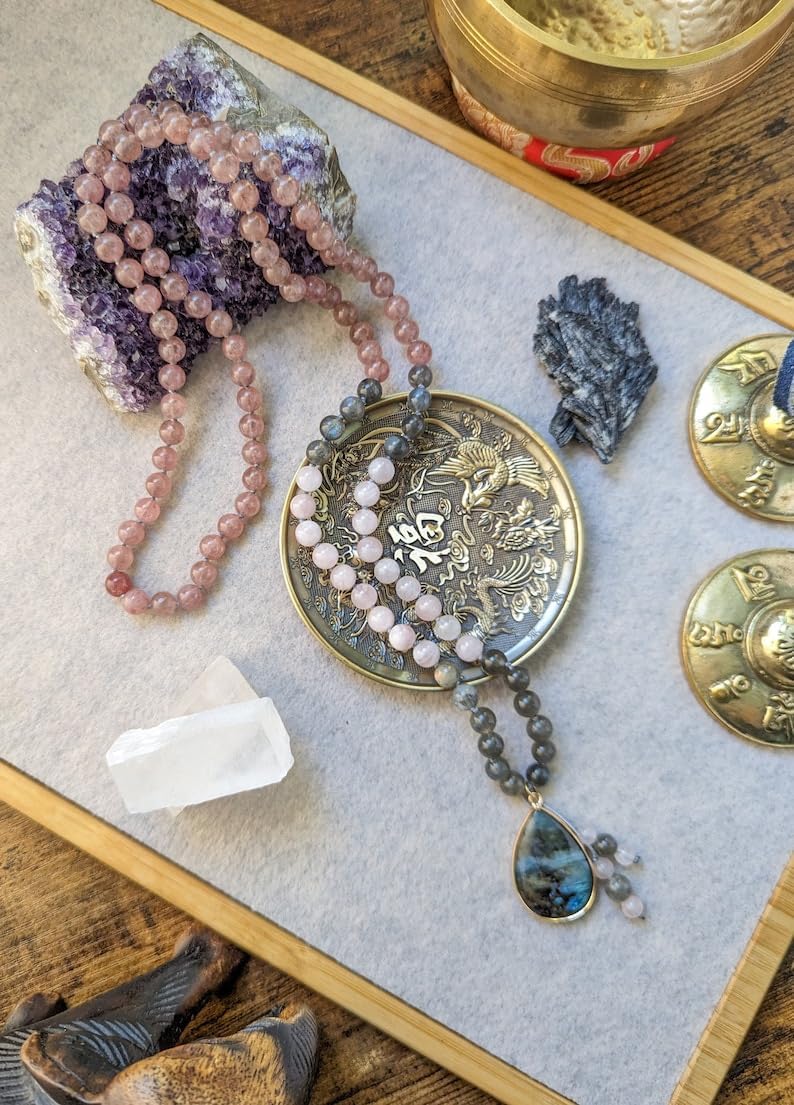 LABRADORITE and Strawberry Quartz Stone Mala Beads, 108 Mala Necklace, Knotted Mala, WWG Necklace, Yoga Jewelry Meditation Beads Spiritual Jewelry Boho Jewelry