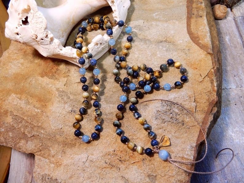 Blue Tiger Eye, Yellow Tiger Eye, Aquamarine, Blue Dumortierite Stone Mala Beads, 108 Mala Necklace, Knotted Mala, WWG Necklace, Yoga Jewelry Meditation Beads Spiritual Jewelry Boho Jewelry