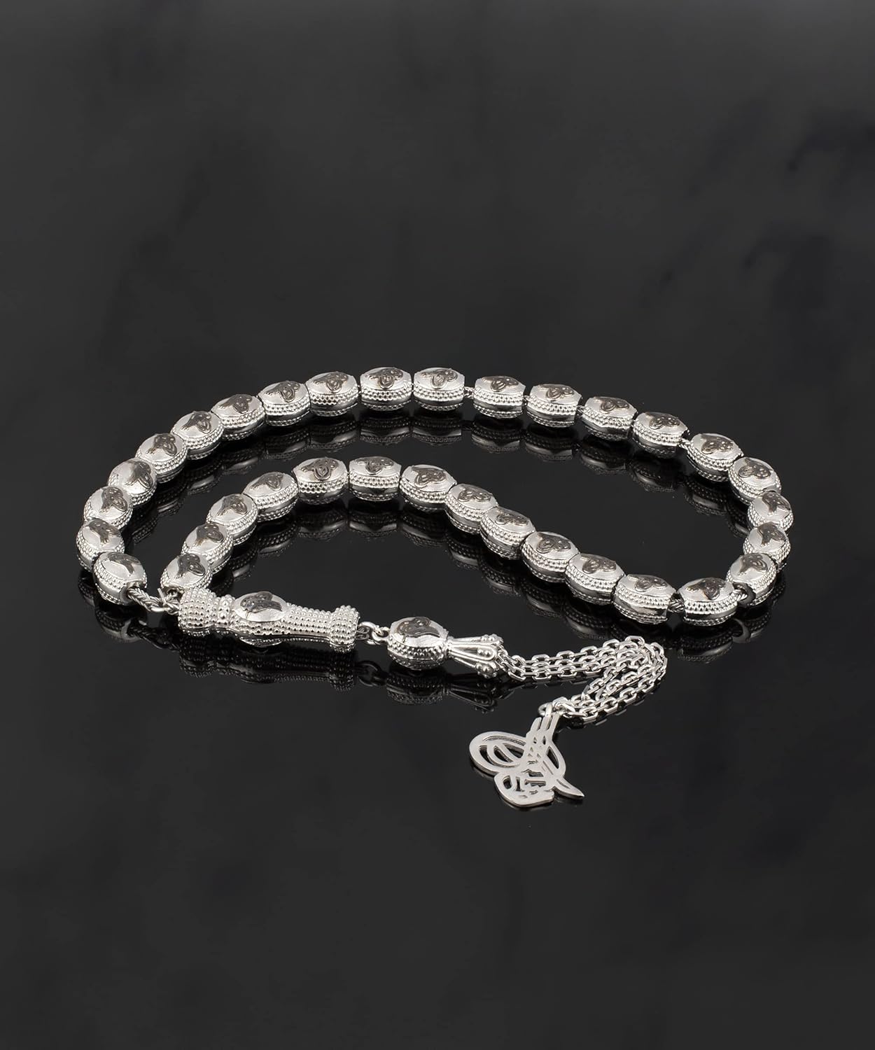 Filigranist 925 Silver Zirconia Oval Beads Tasbeeh Oxidized 33 Piece Oval Beads Misbah Tasbih Prayer Bead Worry Beads Stress Chain