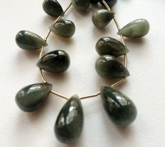 1 Strand Natural Cats Eye Plain Tear Drops, Green Cats Eye Beads, Chrysoberyl, Cats Eye Necklace, 6x9mm - 15x8mm, 4 Inch