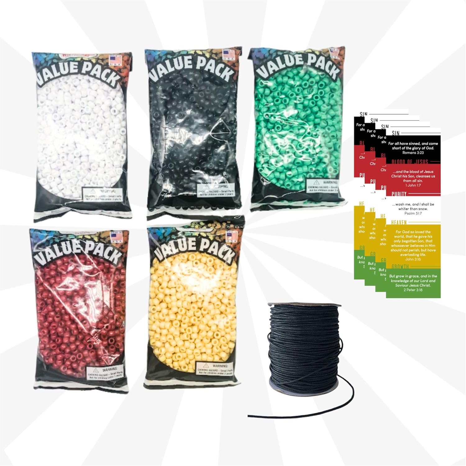 Smalltown Home 4,500 PCS Wordless Bracelet and Bookmark Kit- Black, White, Red, Green, Yellow Plastic Beads-5 Pack- 9mm Opaque 900 Count Each- 100 Yards Waxed Cotton Thread Cord + 200 Bookmarks