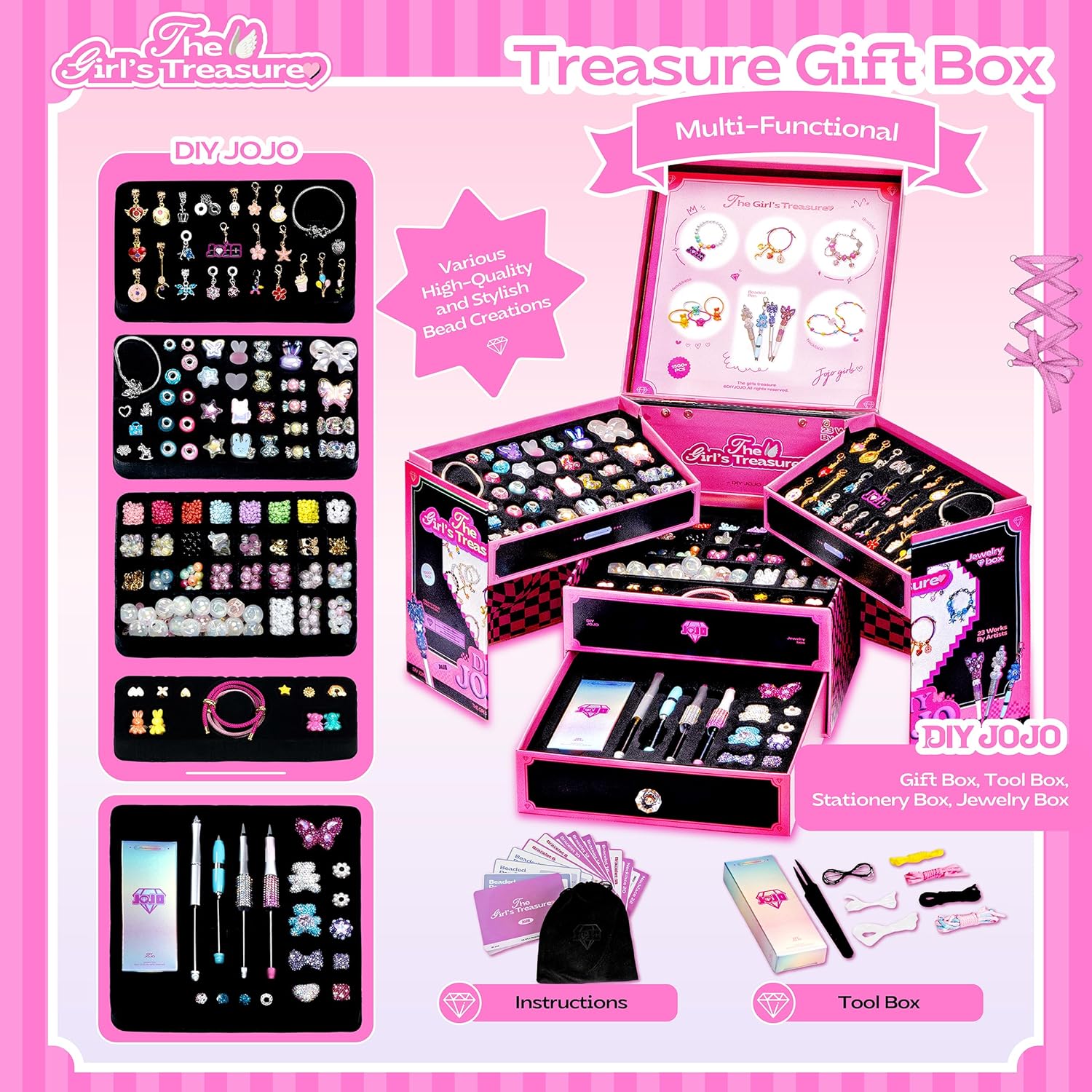 DIYJOJO Girls Treasure Gift Box, 1500pcs Jewelry Making Kits with Guided, 1 Dreamcatcher, 4 Beaded Pen, 15 Bracelet, 3 Necklace,4 Headdress, Christmas Birthday Gifts for 6-12 Year Old