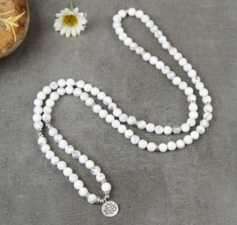 Natural Howlite Stone Mala Beads, 108 Mala Necklace, Knotted Mala, WWG Necklace, Yoga Jewelry Meditation Beads Spiritual Jewelry Boho Jewelry