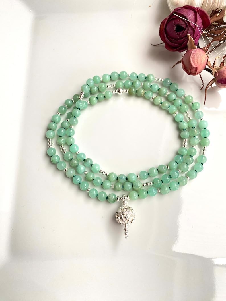 Natural chrysoprase 6mm 108 Mala Beads, Spiritual, Meditation Beads, Reiki, Japa Mala, Buddhist Prayer Beads, Yoga Bracelet, healing beads LKMALA-RRGU-3437