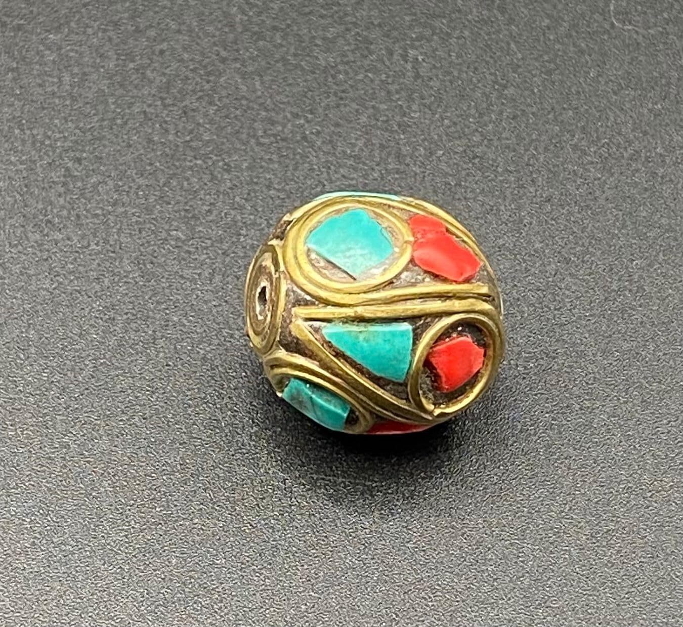Old Antique 16mm Nepalese Tibetan Bead with Turquoise and Coral Inlay –16mm 5.7g Handmade Vintage Brass Bead for Jewelry Making, Meditation, Healing, and Boho Crafts (50)