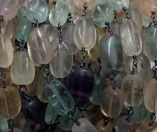 5 feet natural fluorite smooth oval beaded chain - oxidized wire wrapped chain - oval beaded chain - beads size 6x8mm