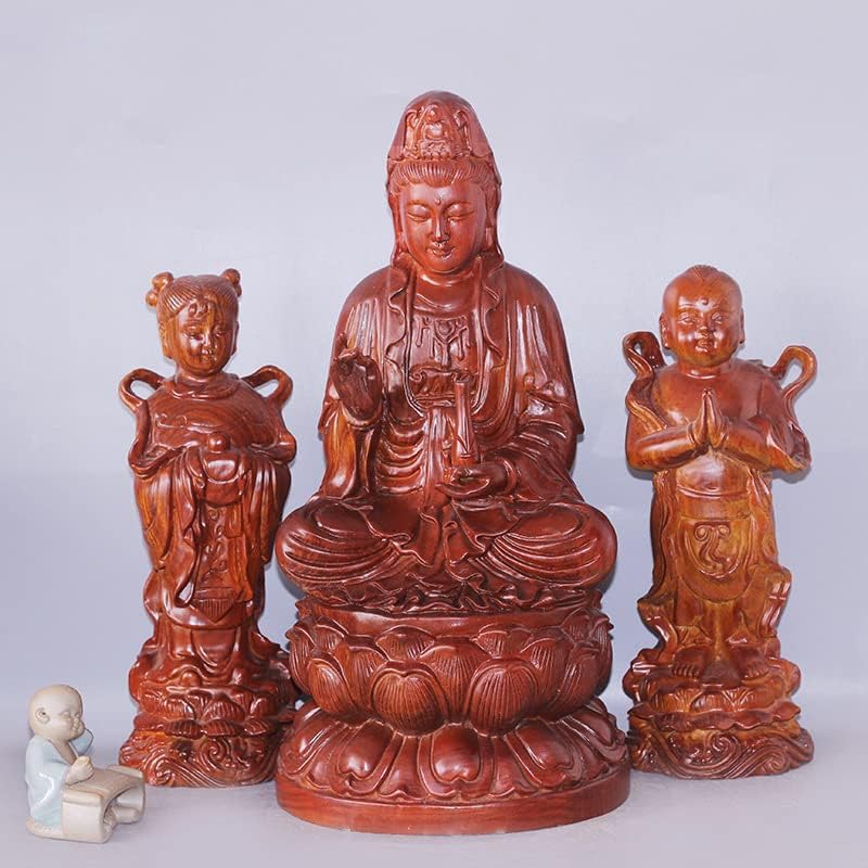 Mascot Wooden Crafts Wood Carving Art Wood Decoration Artwork 刺猬紫檀摆件 坐莲观音 金童玉女家居佛像木雕(金童玉女26*10 * 10cm)