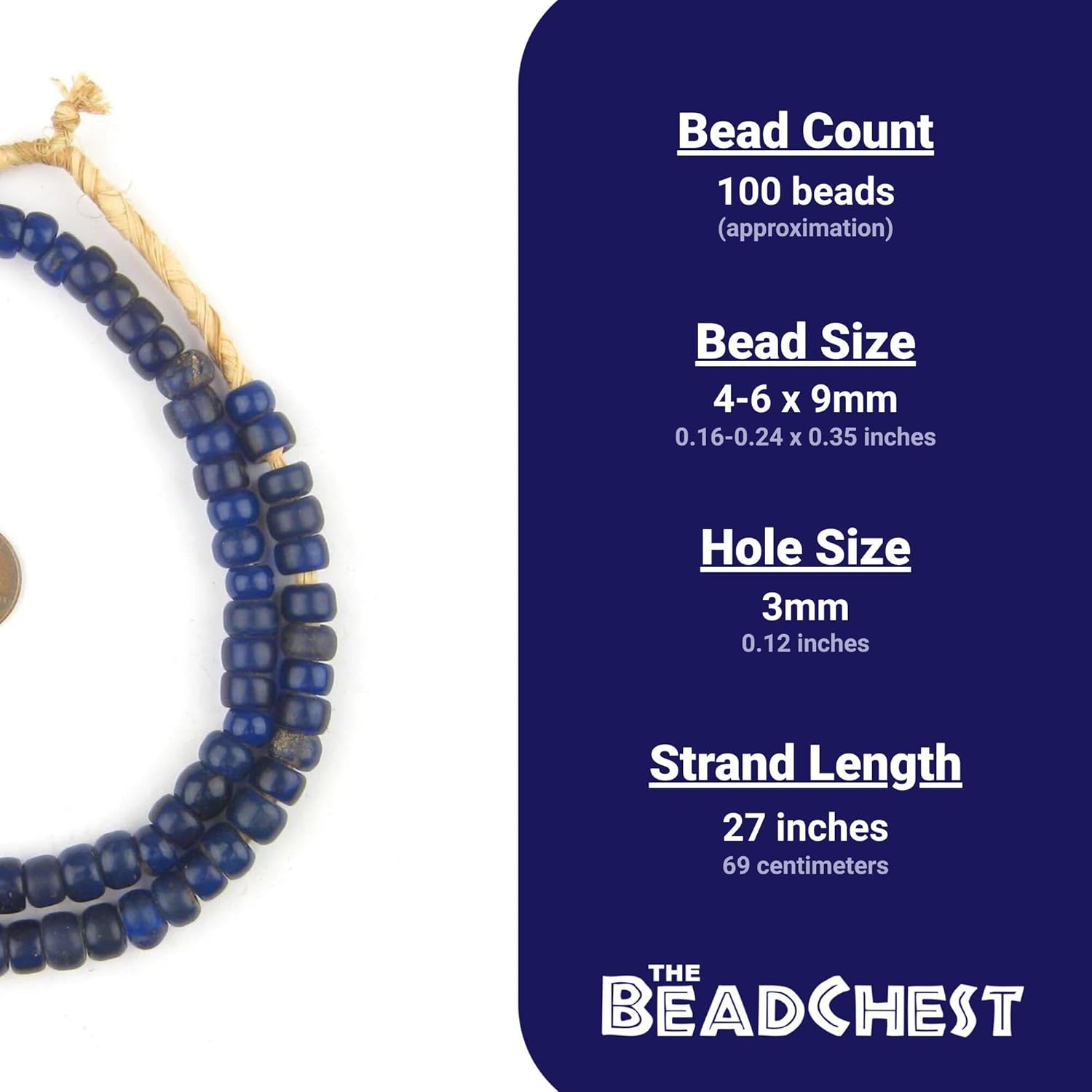 The Bead Chest Old Semi-Translucent Navy Blue Padre Beads, Full Strand of Vintage Glass Trade Beads