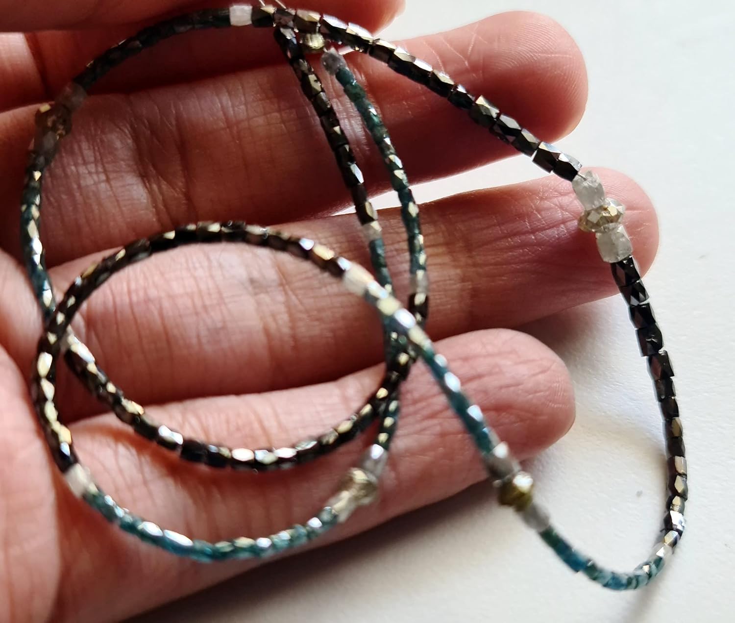 Blue Black Rough Diamond Faceted Pipe Bead Sparkling Diamond, Faceted Drum Bead with White Drum & Gray Rondelle (7.5IN to 15IN) - APKJ11