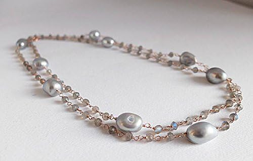 labradorite and gray pearl rosary style necklace, long rose gold filledfilled filled wire wrapped pearl and labradorite long necklace,gray baroque pearls 3/4mm