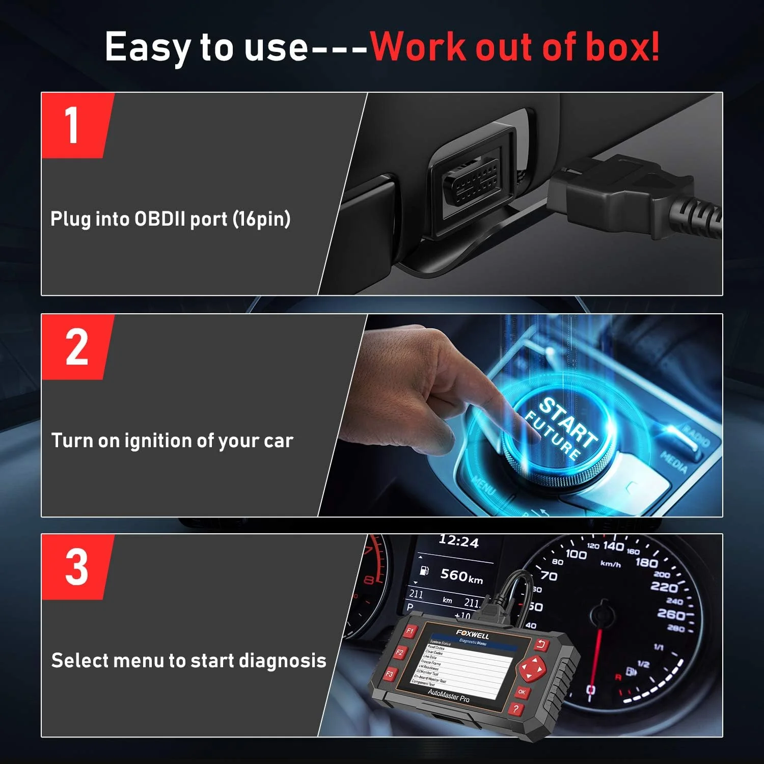 Car Scanner Diagnostic Tool, ABS, SRS, Transmission Code Reader & Battery Test for All Vehicles, Comprehensive Check Engine & Airbag Diagnostic Scanner