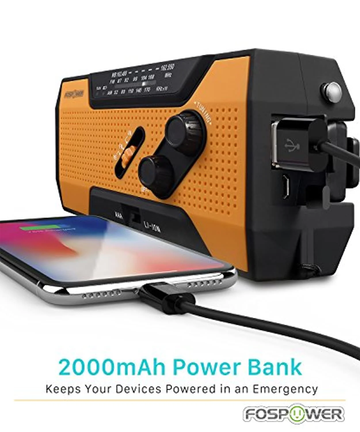 Emergency Solar Hand Crank Portable Radio Household Outdoor Emergency with AM/FM, LED Flashlight, Lamp, 2000mAh Power Bank USB Charger, SOS Alarm