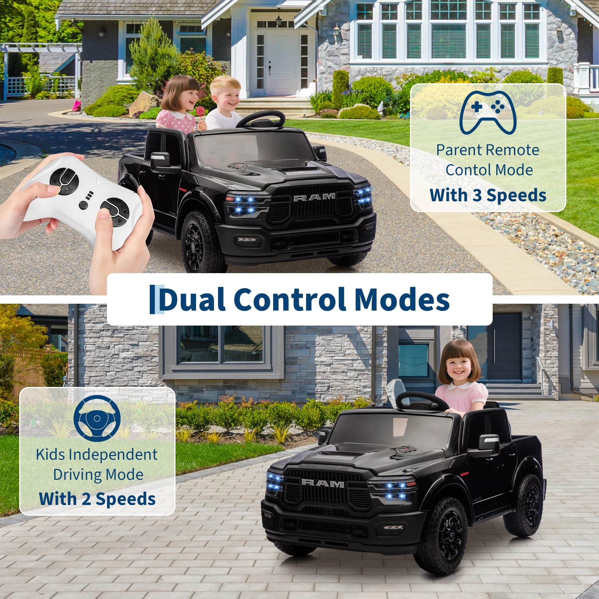 Garvee 2-Seater Electric Ride-On Truck for Kids, 24V RAM 2500 Licensed, Bluetooth, Remote Control, Suspension, LED Lights, Black, Outdoor Adventure