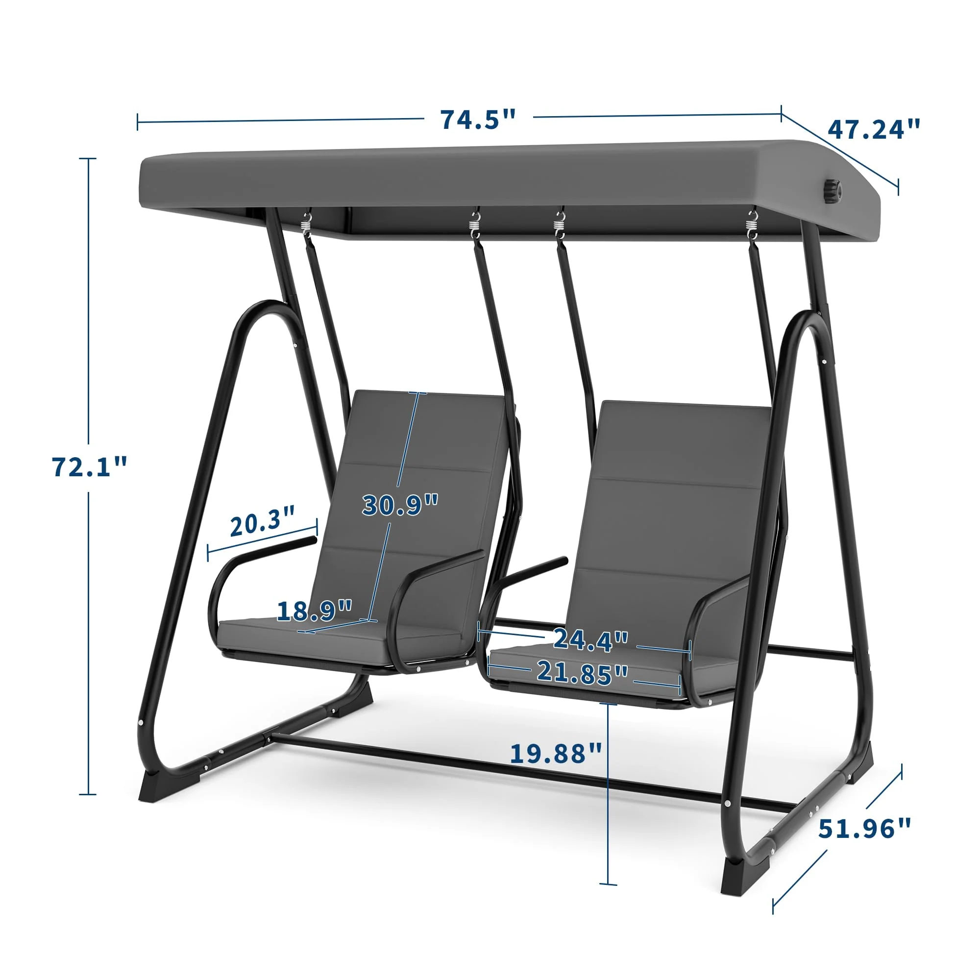 Garvee 2-Person Porch Swing Chair Heavy-Duty Steel Frame Adjustable Canopy Removable Cushions Dark Grey Garden Balcony Poolside