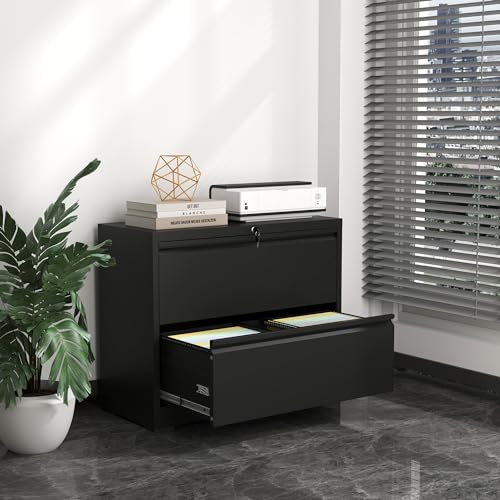 Garvee 2 Drawer File Cabinet with Lock, Metal Lateral Filing Cabinets for Letter/Legal Size Documents, Smooth Full-Extension Slides, Durable File Storage for Home Office, Black
