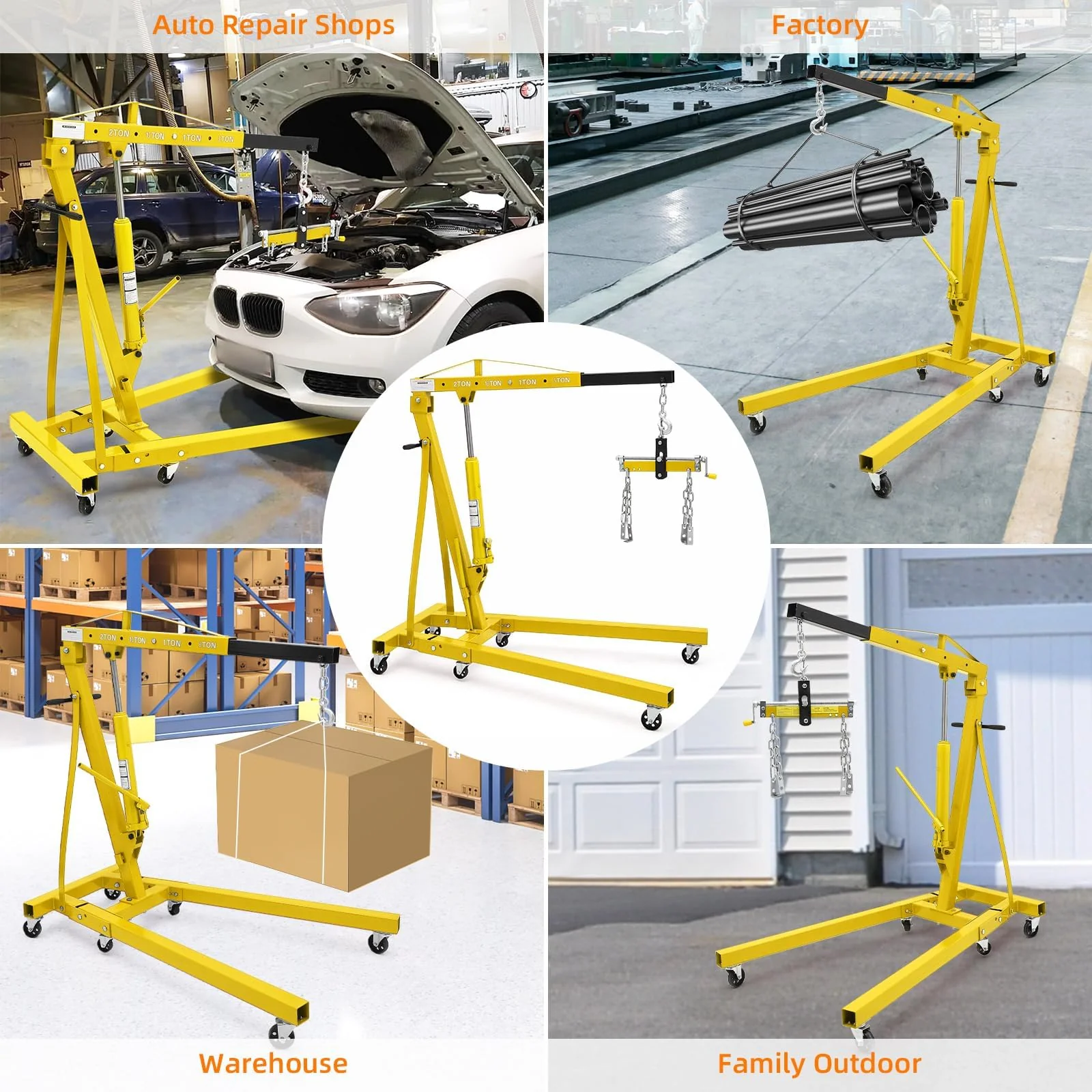 Garvee 2-Ton Folding Hydraulic Engine Hoist - 4000 lbs Cherry Picker Engine Lift with Lever, Telescopic Boom, Hydraulic Tilting, 6 Iron Caster Wheels, and Hitch, Yellow