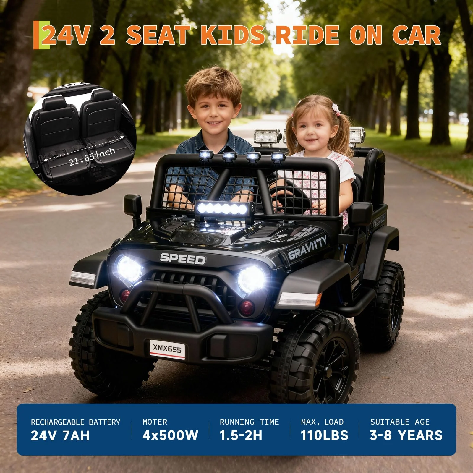 Garvee 2 Seater Ride On Car for Kids, 24V Electric Truck with Parent Remote Control, Spring Suspension, Black, 47.2