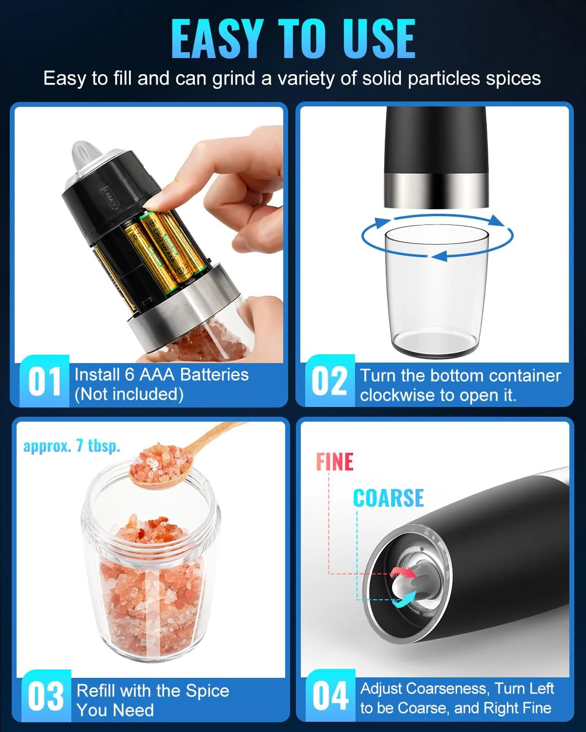 Electric Salt & Pepper Grinder Set, Adjustable Coarseness, LED, One-Hand Use, Stainless Steel 2-Pack