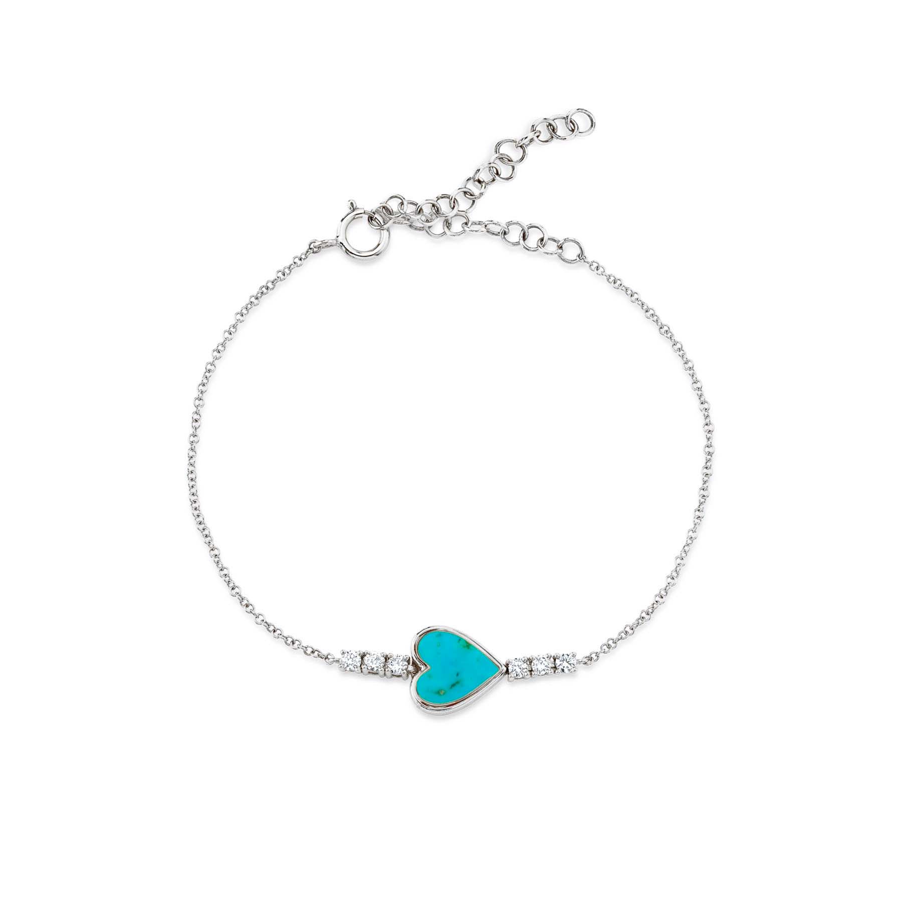 Heart Bracelet - White Diamond and Turquoise / 14k White Gold