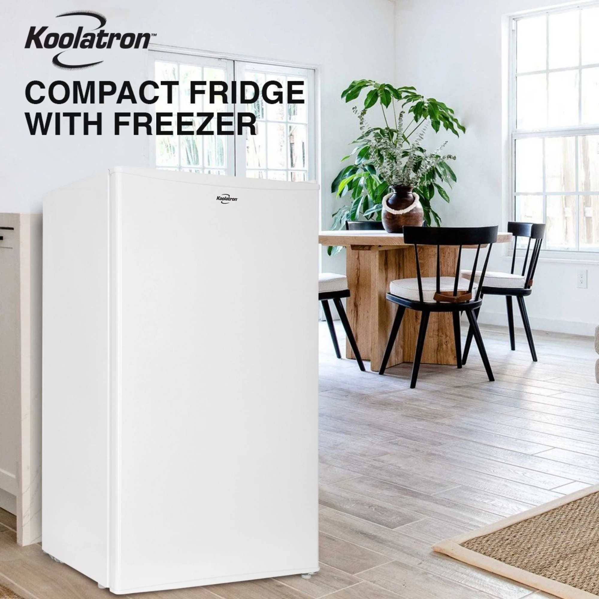 Koolatron Compact Fridge w/ Freezer, 3.2 cu ft (91L), White, Space-Saving Flat Back Design, Reversible Door, Full-Width Freezer, Snacks, Beverages, Beer, Den, Dorm, Office, Rec Room, Home Bar