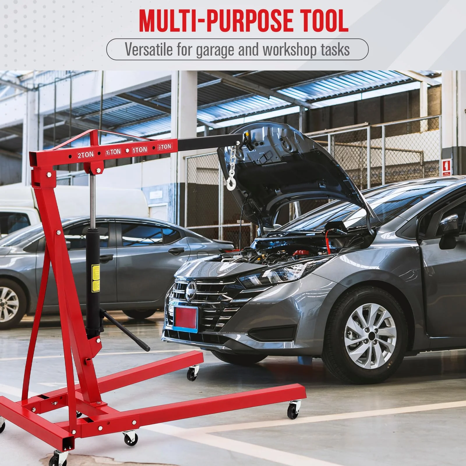 Garvee 2 Ton Folding Hydraulic Engine Hoist with Leveler, 4400 LBS Cherry Picker Shop Crane for Garage Workshop Warehouse, Heavy Duty, Red