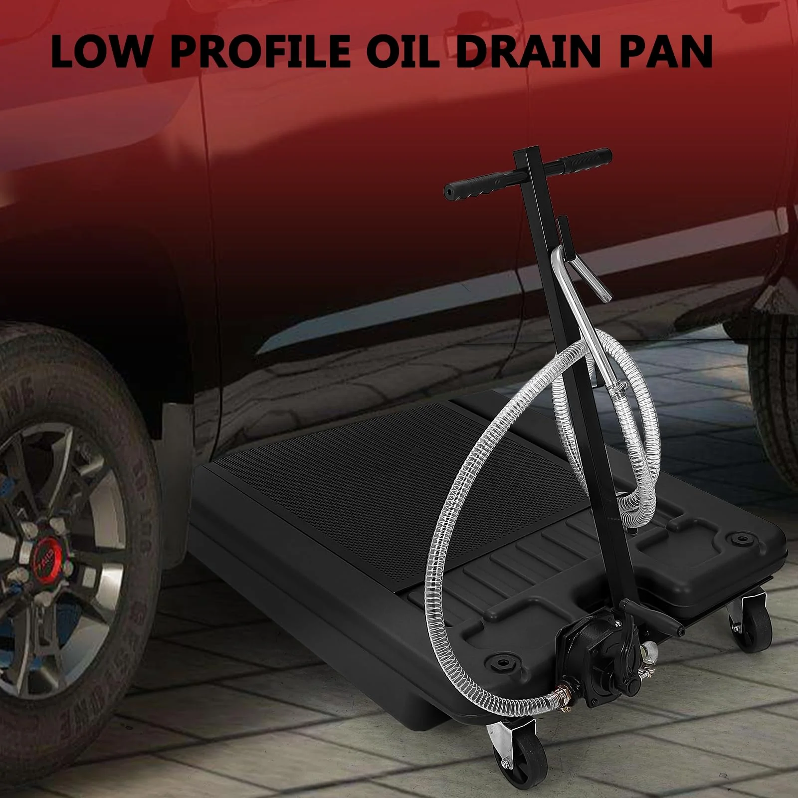 Garvee 17 Gallon Oil Drain Pan with Pump & 8 Ft Hose, Low Profile, T Folding Handle, Polypropylene, Wheels, for Trucks Cars SUVs